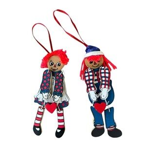 Vintage Kurt Adler Raggedy Ann and Andy Jointed Ornaments Wood 6” Taiwan
